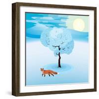 Winter Landscape with Frozen Tree and Red Fox Hanging Around-Imre Sandor-Framed Art Print