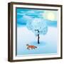 Winter Landscape with Frozen Tree and Red Fox Hanging Around-Imre Sandor-Framed Art Print