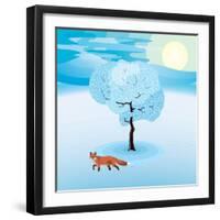 Winter Landscape with Frozen Tree and Red Fox Hanging Around-Imre Sandor-Framed Art Print