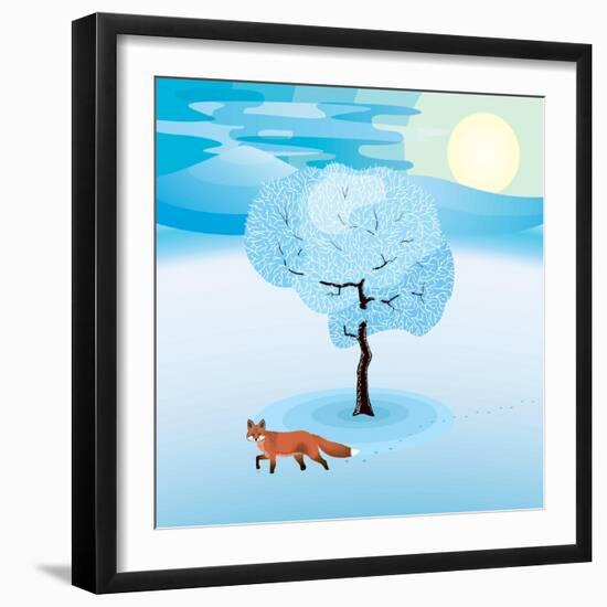 Winter Landscape with Frozen Tree and Red Fox Hanging Around-Imre Sandor-Framed Art Print