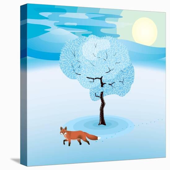 Winter Landscape with Frozen Tree and Red Fox Hanging Around-Imre Sandor-Stretched Canvas