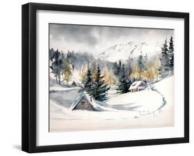 Winter Landscape with Mountain Village Covered with Snow. Picture Created with Watercolors on Paper-DeepGreen-Framed Art Print