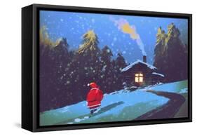 Winter Landscape with Santa Claus and Wooden House at Christmas Night,Illustration Painting-Tithi Luadthong-Framed Stretched Canvas
