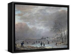 Winter Landscape with Skaters on a Frozen River-Aert van der Neer-Framed Stretched Canvas