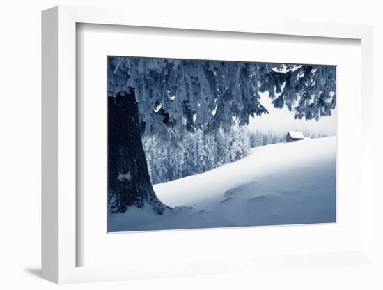 Winter Landscape with Snow in a Mountain Valley. Cabin in the Woods. Carpathians, Ukraine, Europe-Kotenko-Framed Photographic Print