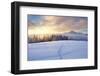 Winter Landscape with Sunrise in the Mountains, Path in the Snow, Carpathians, Ukraine, Europe-Kotenko-Framed Photographic Print