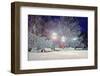 Winter Night Landscape - Evening in the Night Snowy Park with Benches under Snowfall-Marina Zezelina-Framed Photographic Print