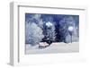 Winter Night Landscape Scene of Snow Covered Bench among Snowy Trees and Shining Lights during Snow-Marina Zezelina-Framed Photographic Print