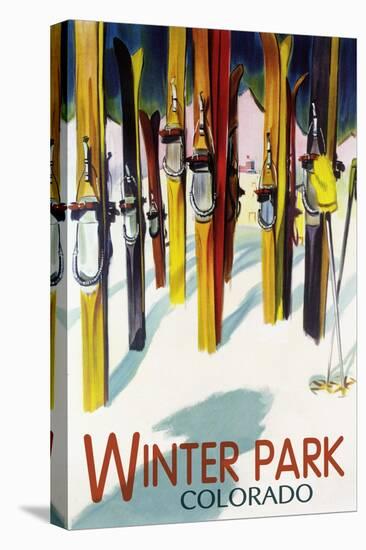 Winter Park, Colorado - Colorful Skis-Lantern Press-Stretched Canvas