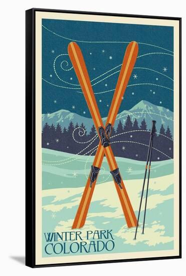 Winter Park, Colorado - Crossed Skis-Lantern Press-Framed Stretched Canvas