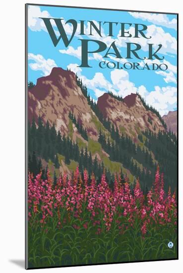 Winter Park, Colorado - Fireweed and Mountains-Lantern Press-Mounted Art Print