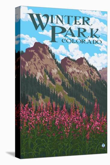 Winter Park, Colorado - Fireweed and Mountains-Lantern Press-Stretched Canvas