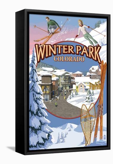 Winter Park, Colorado Montage-Lantern Press-Framed Stretched Canvas