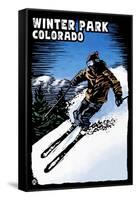 Winter Park, Colorado - Skier - Scratchboard-Lantern Press-Framed Stretched Canvas