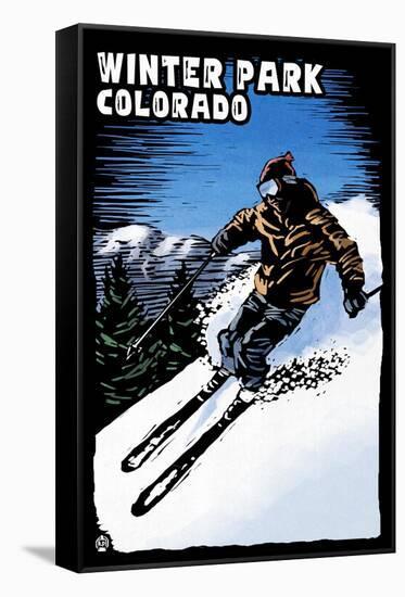 Winter Park, Colorado - Skier - Scratchboard-Lantern Press-Framed Stretched Canvas