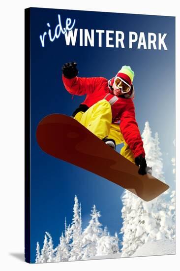 Winter Park, Colorado - Snowboarder-Lantern Press-Stretched Canvas