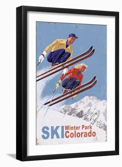 Winter Park, Colorado - Vintage Skiers-Lantern Press-Framed Art Print