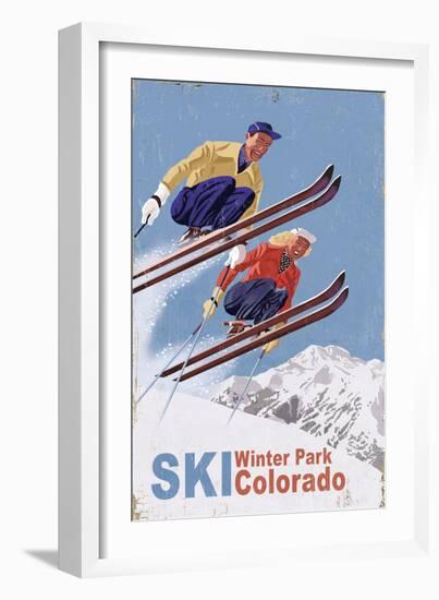 Winter Park, Colorado - Vintage Skiers-Lantern Press-Framed Art Print