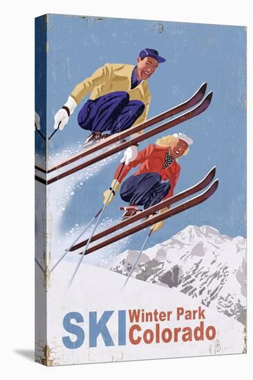 Winter Park, Colorado - Vintage Skiers-Lantern Press-Stretched Canvas