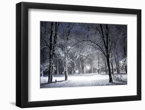 Winter Park in the Evening Covered with Snow with a Row of Lamps-Olegkalina-Framed Photographic Print