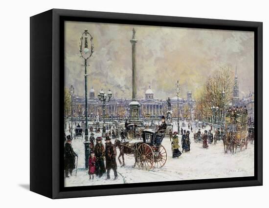 Winter's Mantle, Trafalgar Square, London-John Sutton-Framed Stretched Canvas