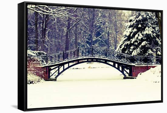 Winter Scene - Old Bridge in Winter Snowy Park-Gorilla-Framed Stretched Canvas