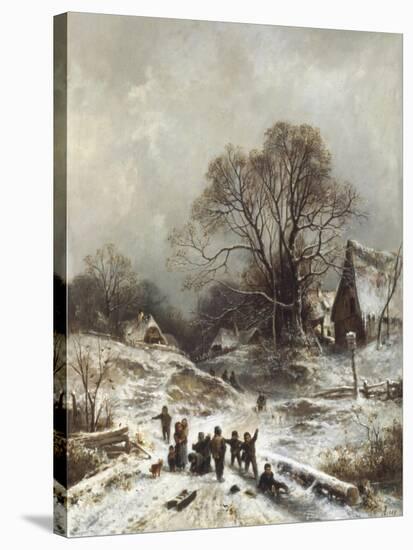 Winter Scene with Children Playing-Adolf Heinrich Lier-Stretched Canvas