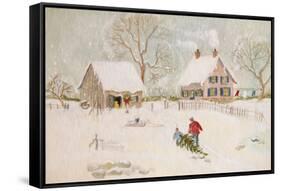 Winter Scene with Farmhouse/ Digital Watercolor-Sandra Cunningham-Framed Stretched Canvas