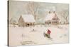 Winter Scene with Farmhouse/ Digital Watercolor-Sandra Cunningham-Stretched Canvas