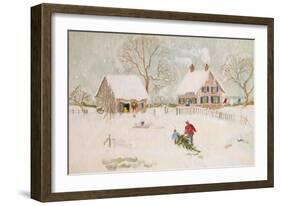 Winter Scene with Farmhouse/ Digital Watercolor-Sandra Cunningham-Framed Art Print