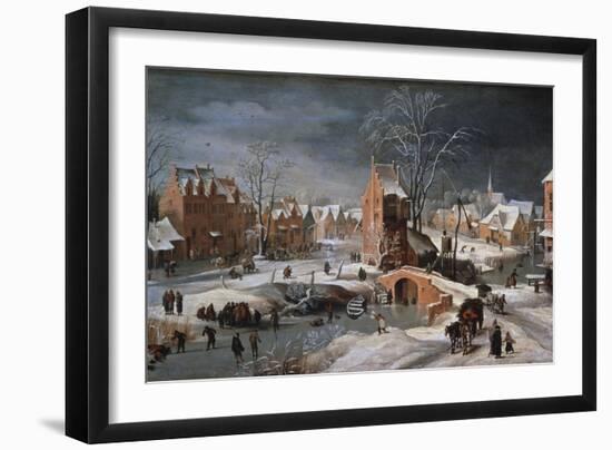 Winter Scene with Ice Skaters and Birds-Pieter Brueghel the Younger-Framed Giclee Print