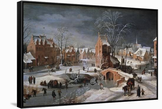 Winter Scene with Ice Skaters and Birds-Pieter Brueghel the Younger-Framed Stretched Canvas