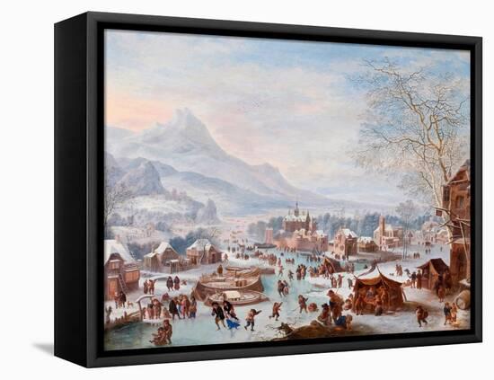 “Winter Scene with Skaters” Painting by Jan Griffier (Ca 1652-1718) - Oil on Copper - Sun 43X55 Cm-Jan Griffier-Framed Stretched Canvas