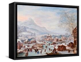 “Winter Scene with Skaters” Painting by Jan Griffier (Ca 1652-1718) - Oil on Copper - Sun 43X55 Cm-Jan Griffier-Framed Stretched Canvas