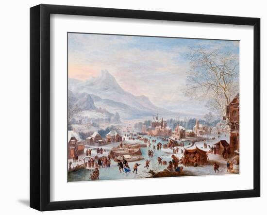 “Winter Scene with Skaters” Painting by Jan Griffier (Ca 1652-1718) - Oil on Copper - Sun 43X55 Cm-Jan Griffier-Framed Giclee Print