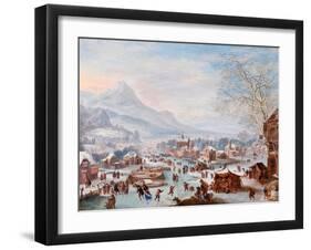 “Winter Scene with Skaters” Painting by Jan Griffier (Ca 1652-1718) - Oil on Copper - Sun 43X55 Cm-Jan Griffier-Framed Giclee Print