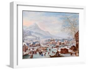 “Winter Scene with Skaters” Painting by Jan Griffier (Ca 1652-1718) - Oil on Copper - Sun 43X55 Cm-Jan Griffier-Framed Giclee Print