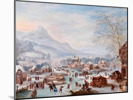 “Winter Scene with Skaters” Painting by Jan Griffier (Ca 1652-1718) - Oil on Copper - Sun 43X55 Cm-Jan Griffier-Mounted Giclee Print