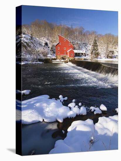 Winter Scenic with a Red Gristmill-George Oze-Stretched Canvas