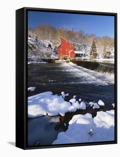 Winter Scenic with a Red Gristmill-George Oze-Framed Stretched Canvas