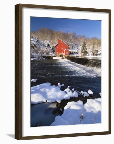 Winter Scenic with a Red Gristmill-George Oze-Framed Photographic Print