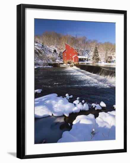 Winter Scenic with a Red Gristmill-George Oze-Framed Photographic Print