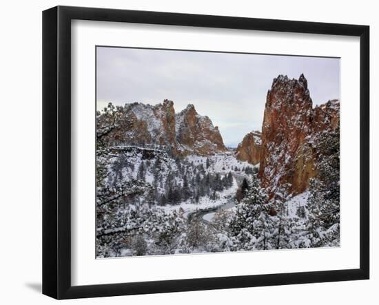 Winter snow at Smith Rock State Park, Crooked River, Terrebonne, Deschutes County, Oregon, USA-null-Framed Photographic Print