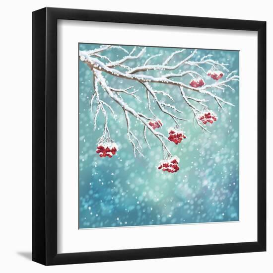 Winter Snow Covered Rowan Berry Background-kostins-Framed Art Print