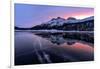 Winter sunrise on snowcapped mountains mirrored in the icy Lake Silvaplana, Maloja-Roberto Moiola-Framed Photographic Print