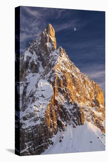 Winter Sunset with Moon over Cimon Della Pala, Trentino Alto Adige, Italy-ClickAlps-Stretched Canvas