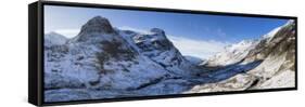 Winter View Down Snow-Covered Glencoe Showing Three Sisters of Glencoe and the A83-Lee Frost-Framed Stretched Canvas