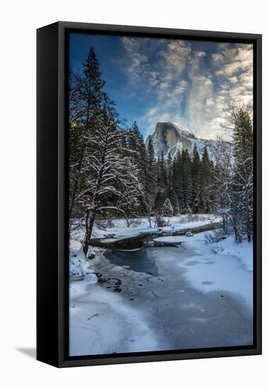 Winter View of Icy Tenaya Creek with Half Dome Mountain Behind, Yosemite National Park, California-Stefano Politi Markovina-Framed Stretched Canvas