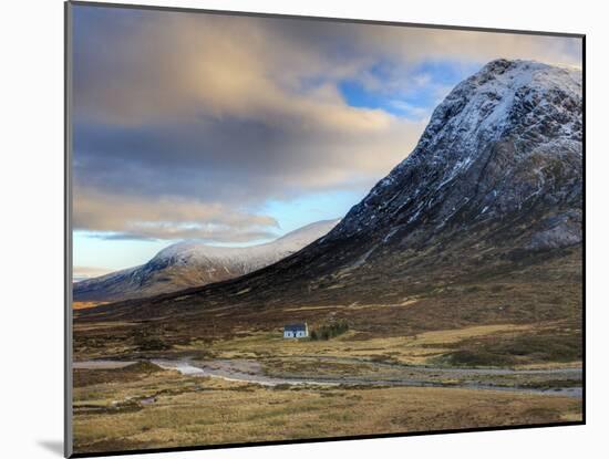 Winter View of Rannoch Moor Showing Lone Whitewashed Cottage on the Bank of a River, Scotland-Lee Frost-Mounted Photographic Print