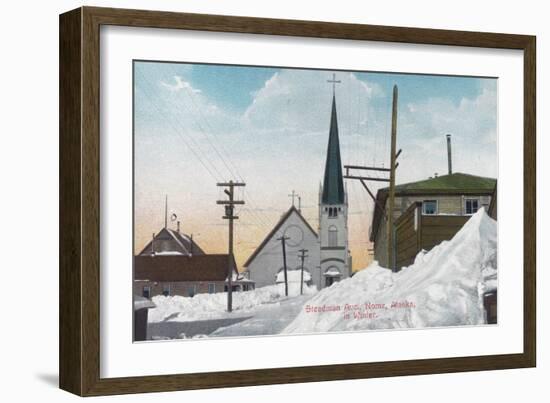 Winter View of Steadman Avenue Covered in Snow - Nome, AK-Lantern Press-Framed Art Print